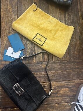 Fendi Black Pony Hair Mini Baguette with Silver FF Buckle